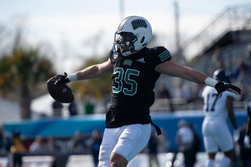 Ohio linebacker Shay Taylor celebrates after recovering a second-quarter fumble in a 41-21 win against Georgia Southern on Dec. 19, 2023, at the Myrtle Beach Bowl in Conway, South Carolina. Taylor, entering his redshirt junior season, is eyeing a starting spot after spending three years in a reserve role.