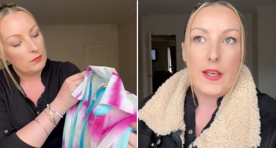 Two images. Left is of Nicole holding a pink and blue garment to see it's tag. Right is a close up of Nicole, hair up and black and beige jumper collar.