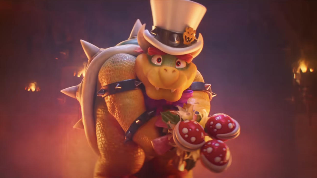  Bowser, dressed up and with an innocent smile on his face, ready to propose with a bouquet of pIranha plants in The Super Mario Bros Movie 