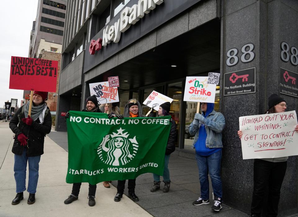 Nov. 17, 2022; Columbus, Ohio, USA; Some Columbus baristas joined national Starbucks workers on strike Thursday at the corner of Broad and Third Streets in downtown. The walkouts at more than 100 U.S. stores coincide with Starbucks' annual Red Cup Day, when the company gives free reusable cups to customers who order a holiday drink--often one of the busiest days of the year. Mandatory Credit: Barbara J. Perenic/Columbus Dispatch