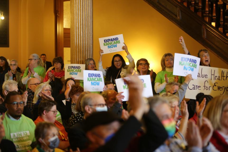 Advocates of Medicaid expansion in Kansas rally at the Statehouse.