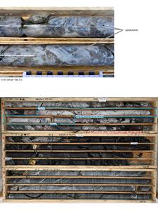 Spodumene in pegmatite from drill hole CV23-105 (top), and high-grade lithium pegmatite intersection in drill hole CV23-115 (bottom) – 1.3 m at 6.53% Li2O (blue box)