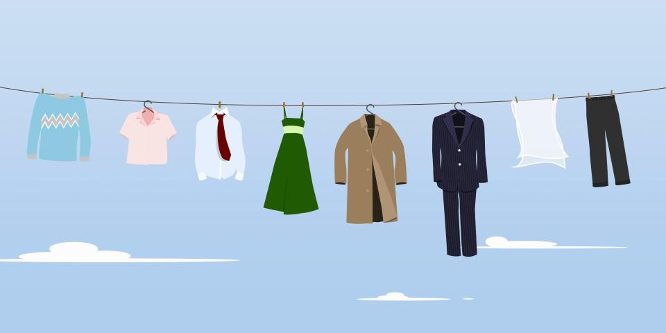 An illustration of clothes hanging on a drying line on a bright sunny day.