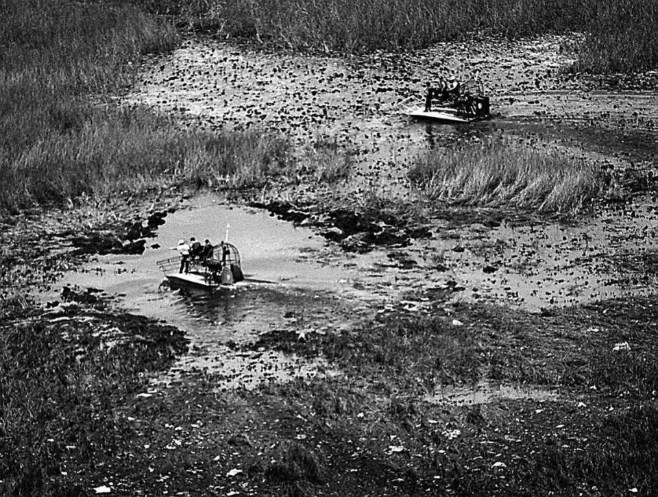 Airboats in the Florida Everglades at the scene of the crash of ValuJet Flight 592. The DC-9 crashed May 11, 1996, enroute from Miami to Atlanta.