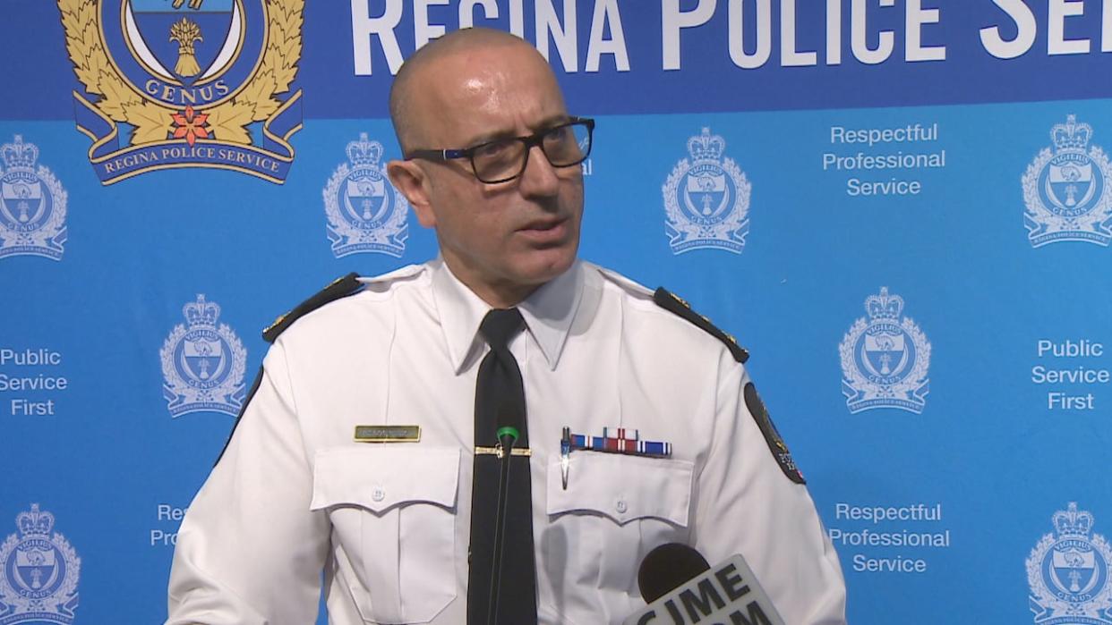 Regina Police Service Chief Farooq Hassan Sheikh speaks with media on April 30, 2024. (CBC - image credit)