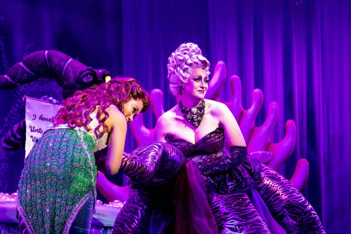 Teah M. Renzi (left) practices scenes as Ariel with Emily Cramer (right) as Ursula with the Lexington Theatre Company’s production of “The Little Mermaid.”