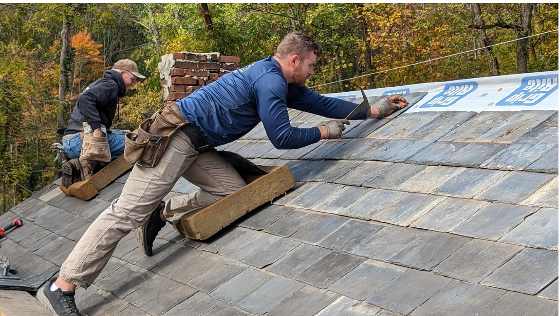 It makes sense, installing a slate roof on a former Welsh slate quarryman’s cottage in Coulsontown, in Peach Bottom Township. The Old Line Museum in Delta operates the cottages as a historic site.