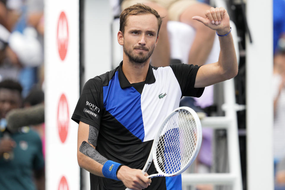 Daniil Medvedev, of Russia, waves to fans after defeating Taylor Fritz, of the United States, in a quarterfinal match at the Western & Southern Open tennis tournament Friday, Aug. 19, 2022, in Mason, Ohio. (AP Photo/Jeff Dean)