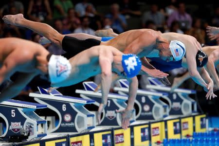 Jun 28, 2016; Omaha, NE, USA; Michael Phelps during the men's butterfly 200m semi-finals in the U.S. Olympic swimming team trials at CenturyLink Center. Erich Schlegel-USA TODAY Sports