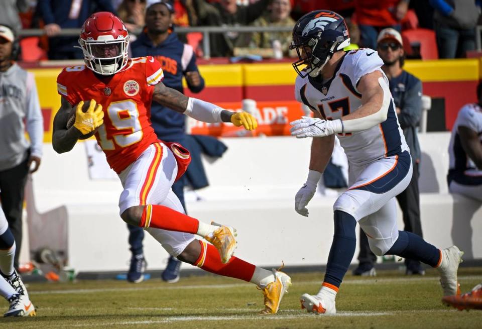 Kansas City Chiefs wide receiver Kadarius Toney (19) runs for a first down past Denver Broncos linebacker Josey Jewell (47) during the first-half on Sunday, Jan. 1, 2023, at GEHA Field at Arrowhead Stadium in Kansas City.