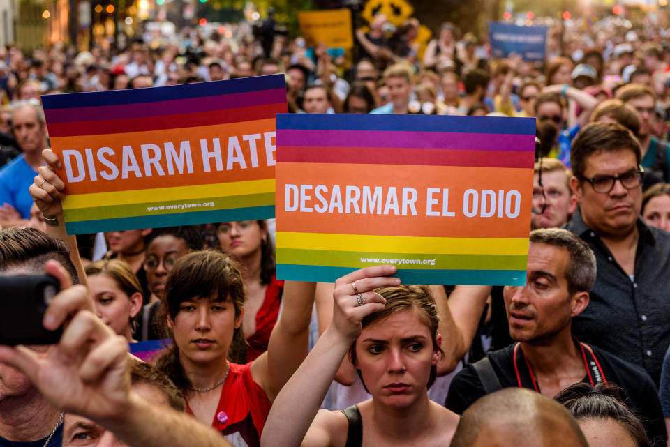 <p>On Monday June 12, 2017 Gays Against Guns and 20 partnering LGBTQ nightclubs participated in the one year anniversary remembering the 49 victims of the Orlando Pulse Nightclub massacre. (Photo: Erik McGregor/Pacific Press/LightRocket via Getty Images) </p>