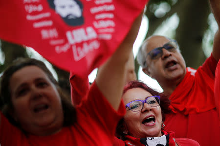 Supporters of Brazil's former president Luiz Inacio Lula da Silva gather outside Brazil's Superior Court Justice during a session to try Lula's appeal in the court in Brasilia, Brazil April 23, 2019. REUTERS/Adriano Machado