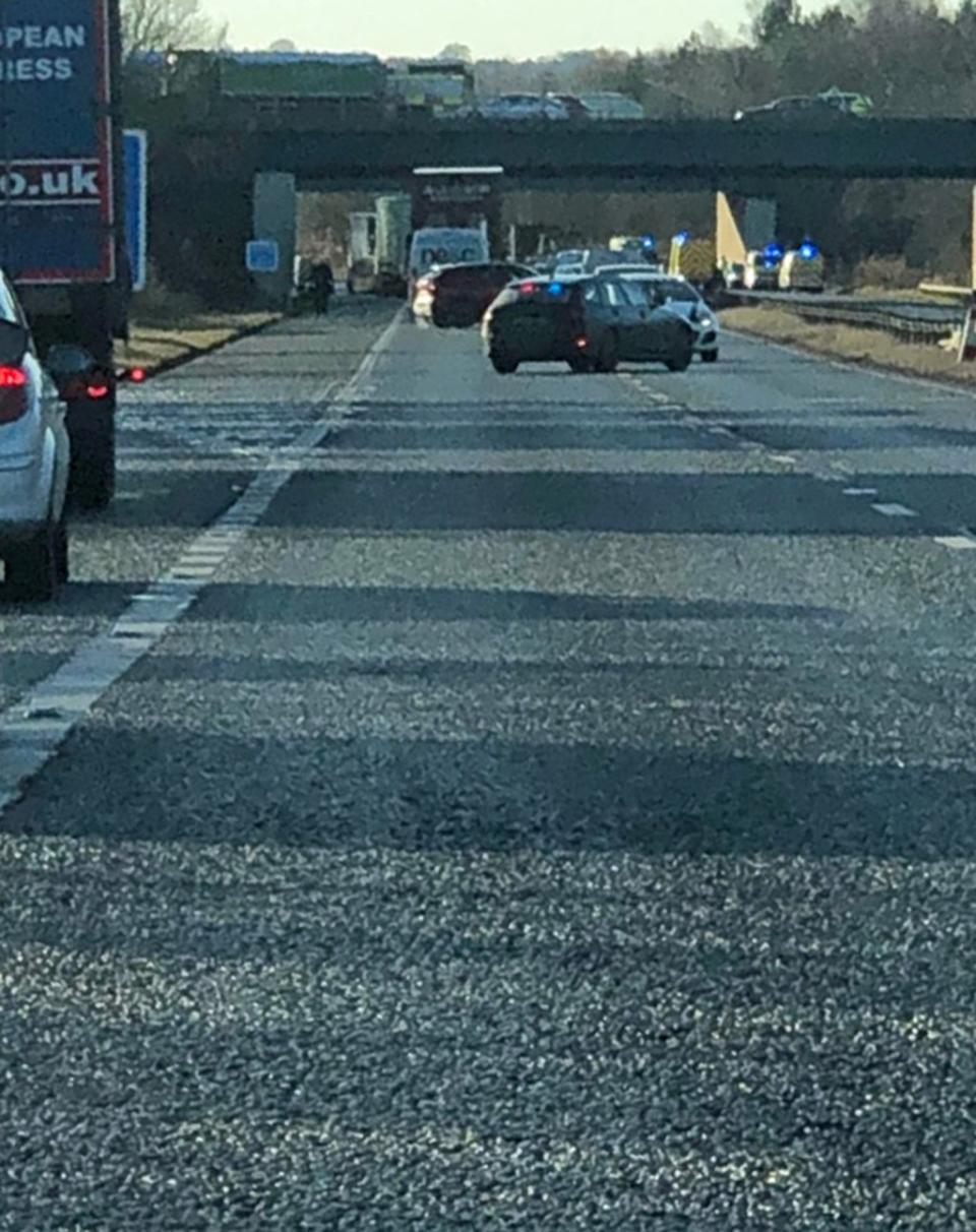 Picture taken with permission from the Twitter feed of Lee Cowan of the scene at Bowburn interchange on the A1(M) (Lee Cowan/PA) (PA Media)