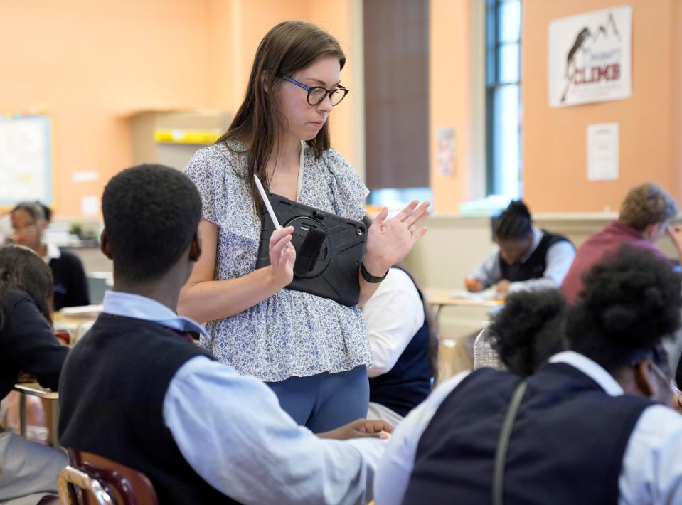 Allison Boyer leads a math class at Cristo Rey Columbus High School. The Downtown school celebrated it's 10th school year and prides itself on all of its students being accepted into college.