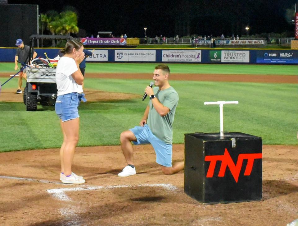 Patrick Morris traveled from Maine to propose to his girlfriend, Katie, who is stationed in Pensacola as a member of the U.S. Coast Guard. The proposal happened July 1 at home plate area at Blue Wahoos Stadium, right before the Blue Wahoos fireworks show launched.