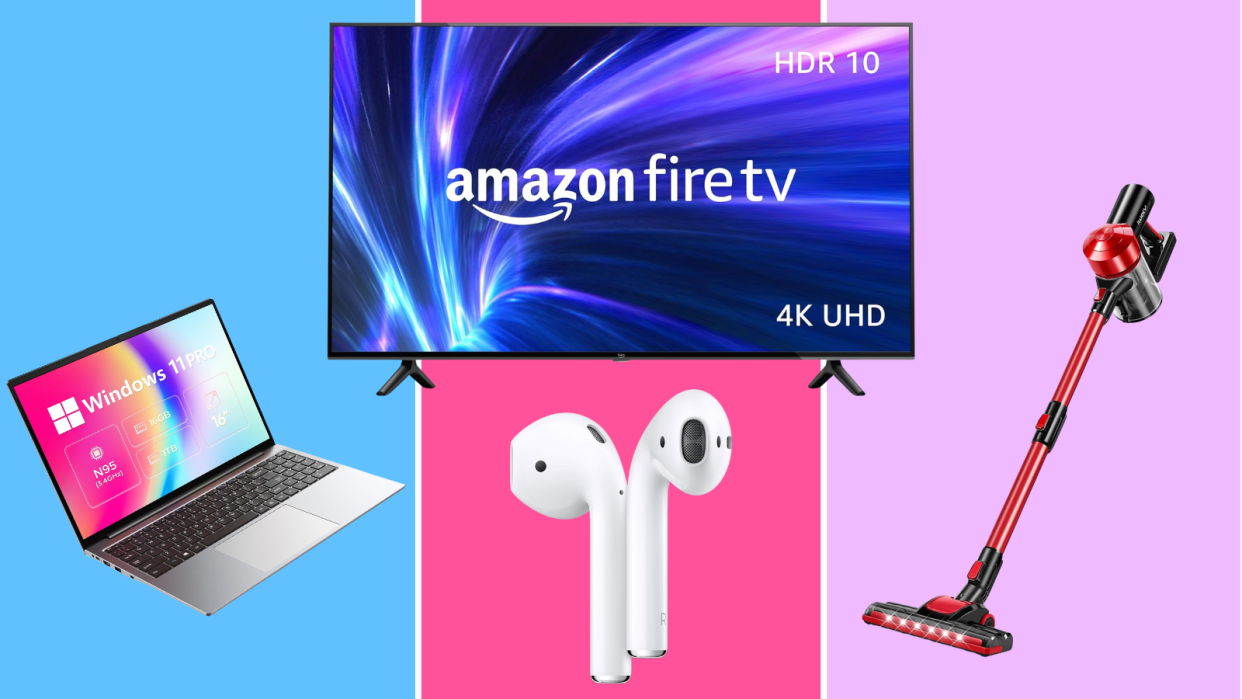 Amazon deals: laptop, Apple AirPods, Fire TV and a red stick vacuum on a colorful background