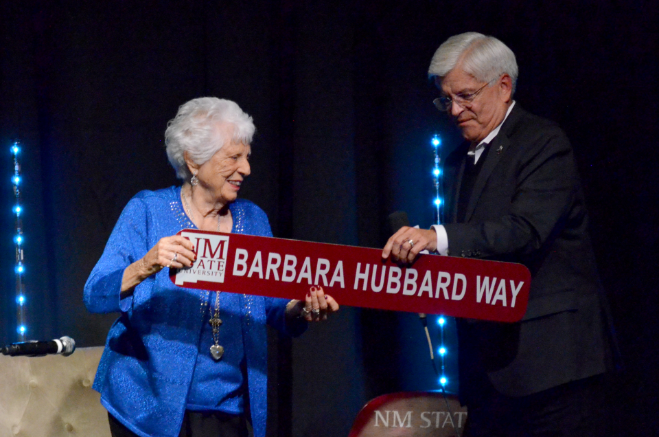 New Mexico State University Chancellor Dan Arvizu announces the renaming of Barbara Hubbard Way at "95 and Very Much Alive: A Special Tribute to Barbara Hubbard" Wednesday, Oct. 19, 2022 at the Pan American Center.