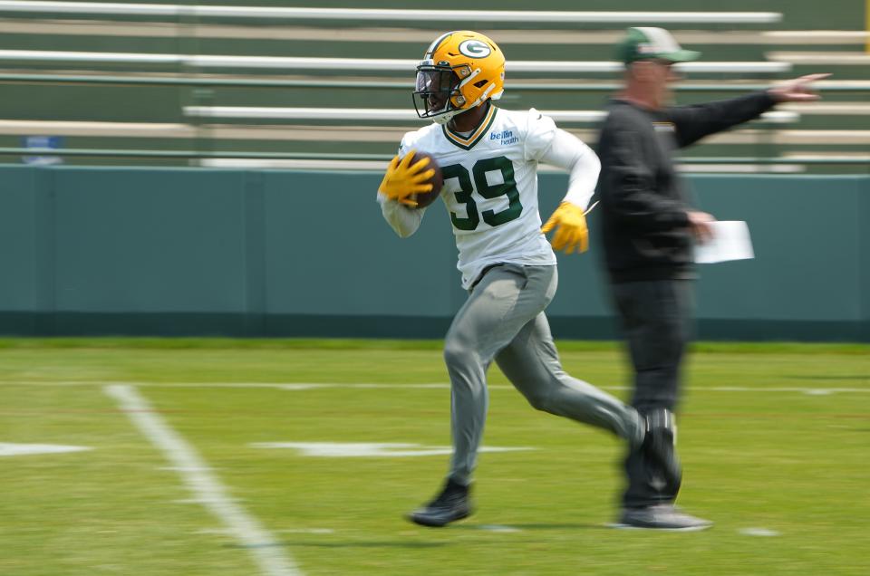 Green Bay Packers running back Tyler Goodson (39) is shown during organized team activities Tuesday, May 23, 2023 in Green Bay, Wis.