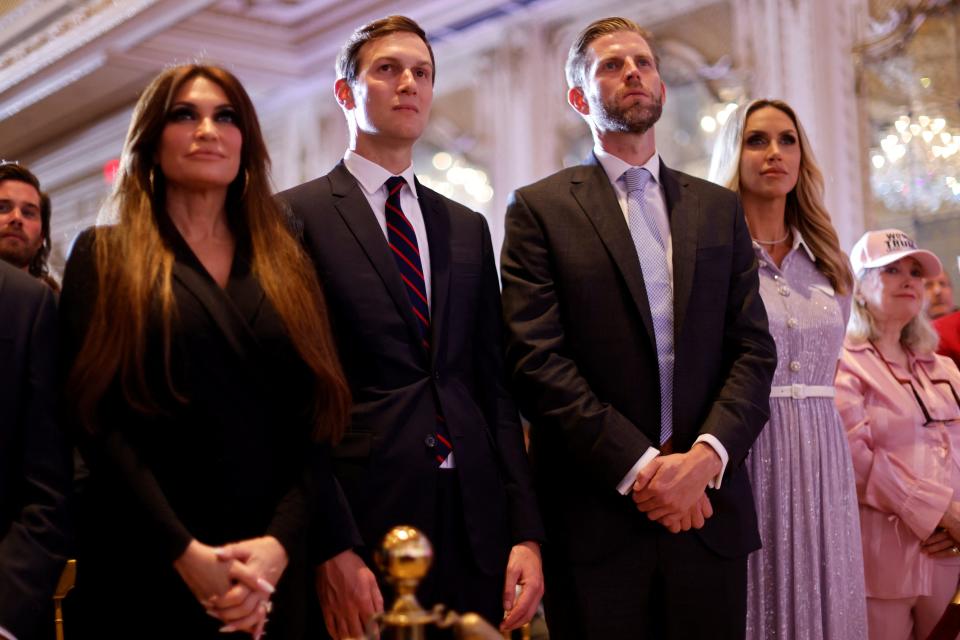 Kimberly Guilfoyle, Jared Kushner, Eric Trump, and Lara Trump at Donald Trump's 2024 campaign announcement