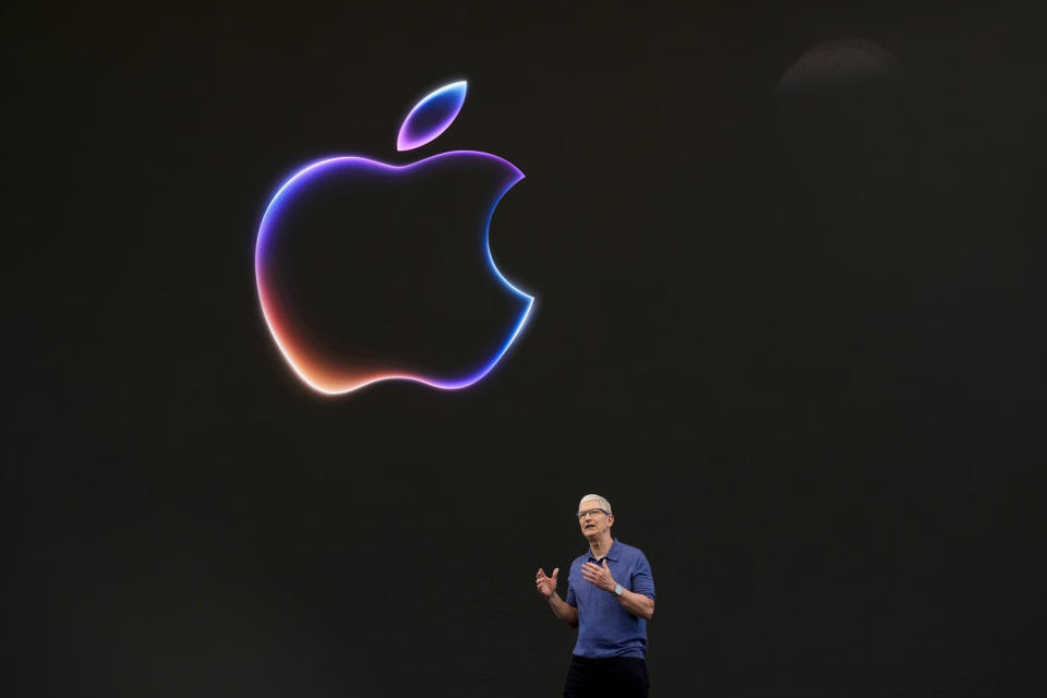 Apple CEO Tim Cook speaks during an announcement of new products on the Apple campus in Cupertino, Calif., Monday, June 10, 2024. (AP Photo/Jeff Chiu)