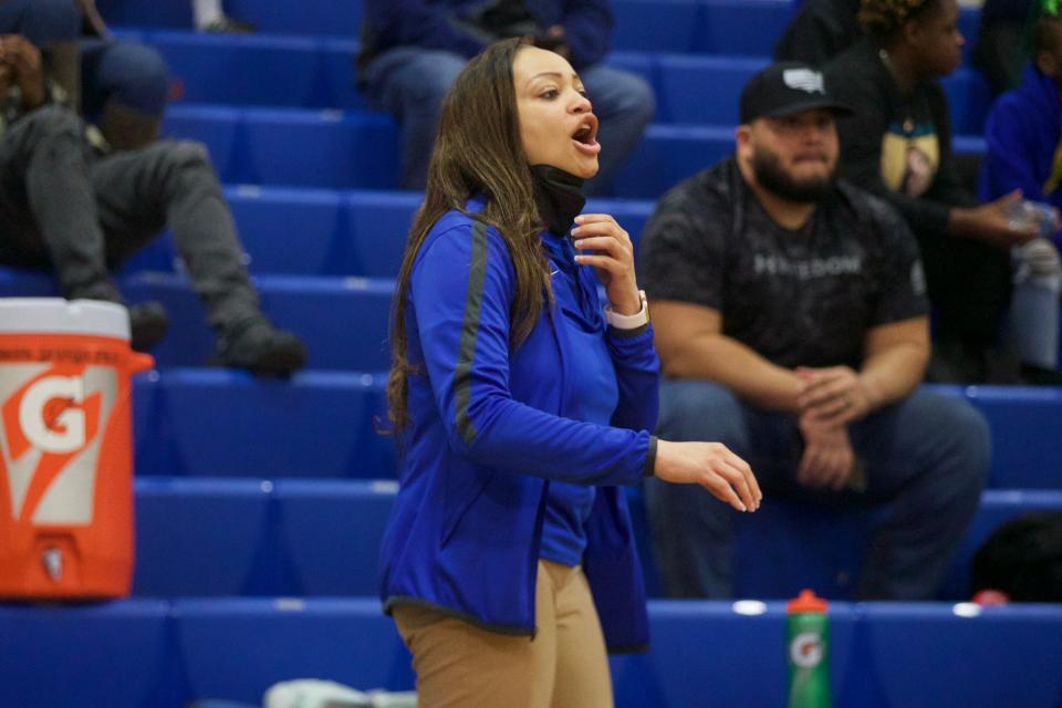Godby head coach Chelsea Johnson Muir calls out a play in a game between Rickards and Godby on Jan. 26, 2023, at Rickards High School. The Raiders won 70-39.