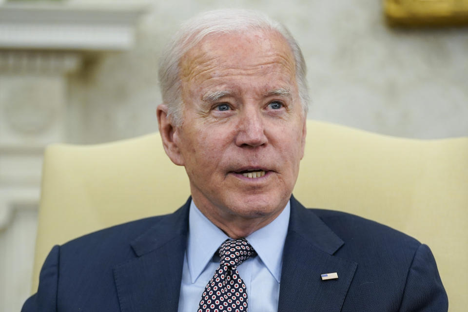 President Joe Biden speaks as he meets with House Speaker Kevin McCarthy of Calif., to discuss the debt limit in the Oval Office of the White House, Monday, May 22, 2023, in Washington. (AP Photo/Alex Brandon)