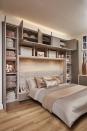 <p>Storage is always a big factor in smaller bedrooms. To make it look more spacious and in turn, less cluttered, turn to bespoke bedroom storage. It will enhance your day-to-day living and make your room more stylish and inviting.</p><p>Case in point: This <a href="https://www.nevillejohnson.co.uk/contemporary-willow-bedroom/" rel="nofollow noopener" target="_blank" data-ylk="slk:Contemporary Willow Bedroom;elm:context_link;itc:0;sec:content-canvas" class="link ">Contemporary Willow Bedroom</a> by Neville Johnson features practical, built-in headboard cabinetry and fitted wardrobes with an extensive vanity unit for a chic finish.</p>