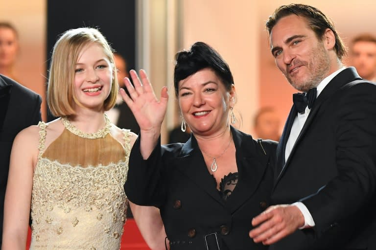 In an open race, some Cannes critics saw Lynne Ramsay's 'You Were Never Really Here' -- Ramsay is seen here with stars Ekaterina Samsonov and Joaquin Phoenix -- as a strong bet for the Palme d'Or