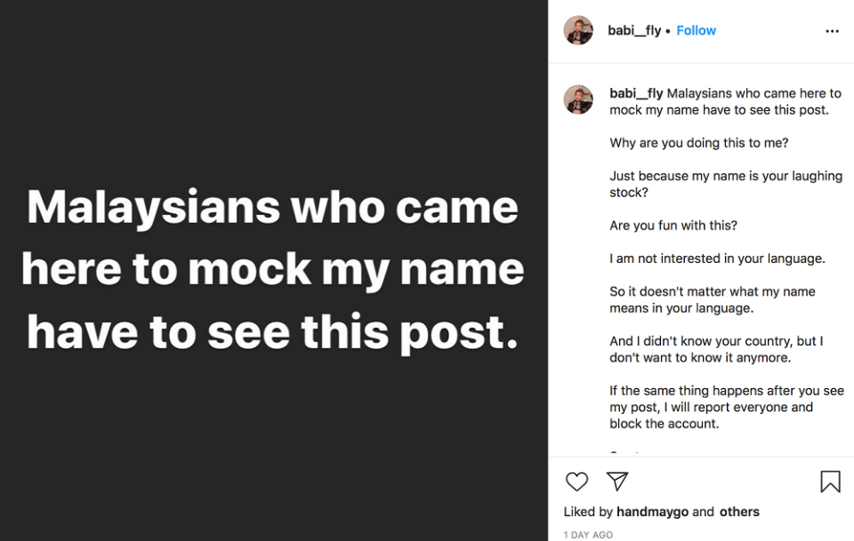 The K-pop dancer lost her patience after Malaysians started taunting her about her name. — Picture via Instagram/babi__fly