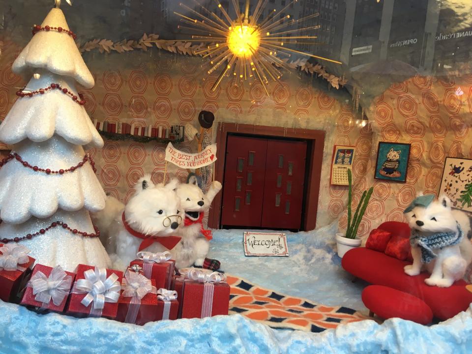 The 2018 holiday window display at Macy's depicted cute animals and Sunny the Snowpal.