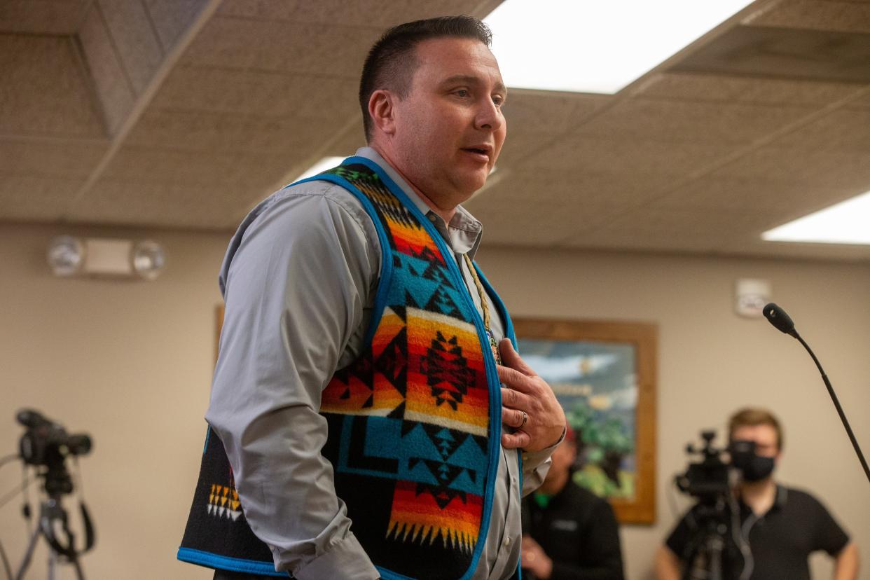 Raphael Wahwassuck, a member of the Prairie Band Potawatomi Nation tribal council, speaks to the Kansas State Board of Education during Wednesday's meeting.