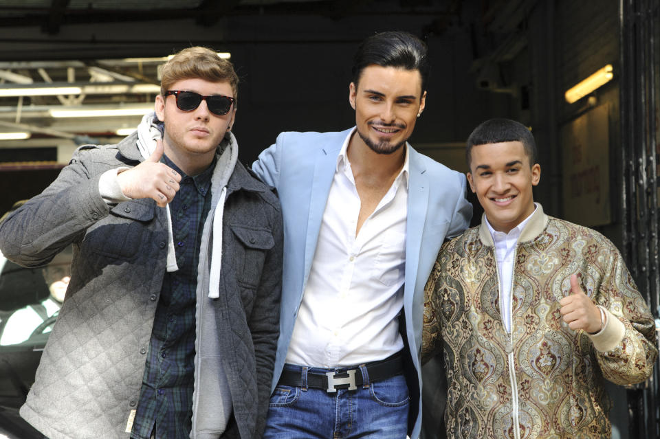 LONDON, ENGLAND - OCTOBER 04:  (L-R) X Factor contestants James Arthur, Rylan Clark and Jahmene Douglas sighted departing the ITV Studios on October 4, 2012 in London, England.  (Photo by Ben Pruchnie/FilmMagic)