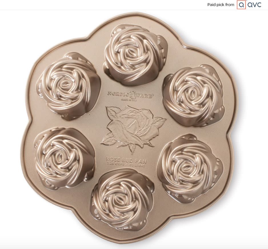 Your friend won't need rose-colored glasses to appreciate this rosebud cake pan. It's too cute, with six spaces to fill for mini cakes and muffins. <a href="qvc.uikc.net/Lj4O0" target="_blank" rel="noopener noreferrer">Find it for $34 at QVC</a>.