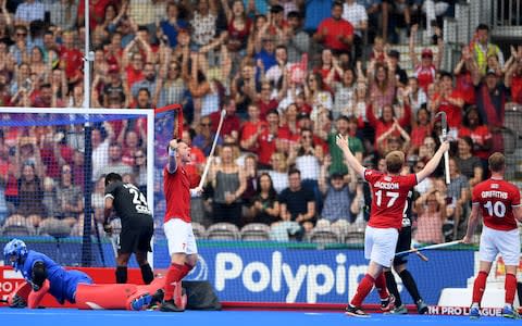 Alan Forsyth (l) of Great Britain celebrates scoring his sides third goal during the Men's FIH Field Hockey Pro League match between Great Britain and New Zealand at Twickenham Stoop - Credit: Alex Davidson/Getty Images