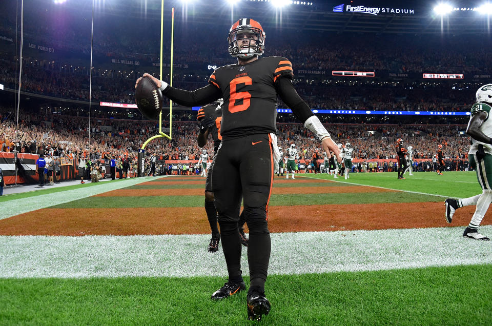 Baker Mayfield led the Cleveland Browns to their first win in nearly two years, and fans in Ohio seem to have forgiven him for the infamous flag plant at Ohio State last season. (Getty Images)