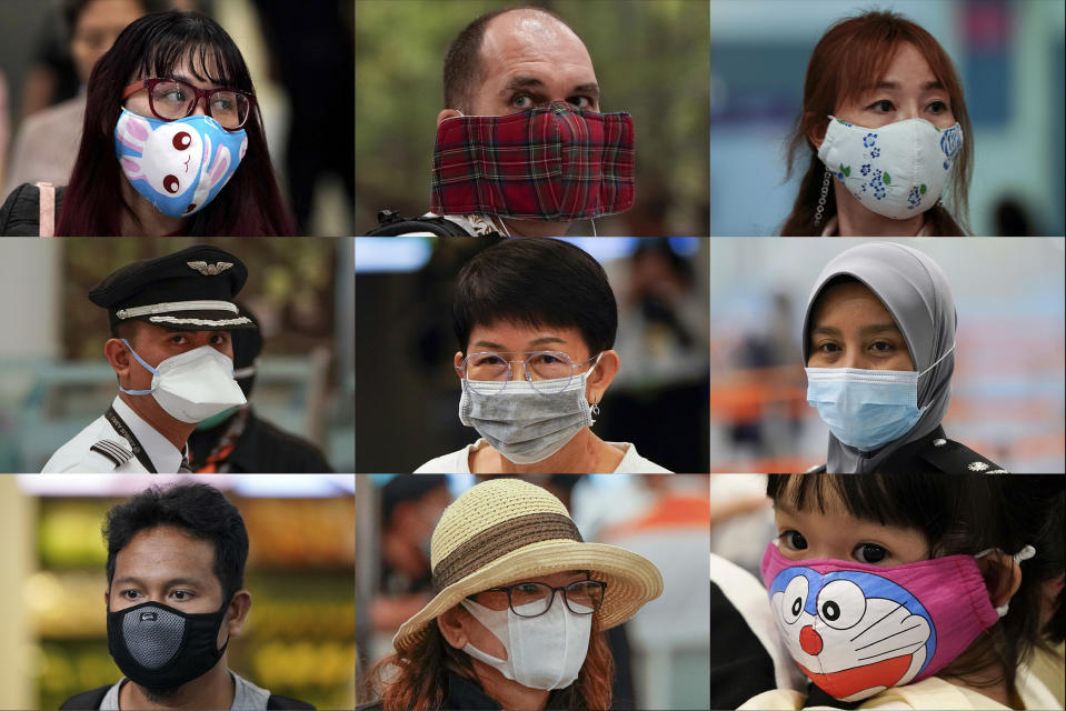 In this Wednesday, Jan. 29, 2020, combination of photos, people wear various masks as they wait at an immigration counter at an airport terminal in Sepang, Malaysia, outside Kuala Lumpur. Face masks are in short supply in parts of the world as people try to stop the spread of a new virus from China. Health officials recommend strap-on medical masks for people being evaluated for the new virus, their household members and caregivers. (AP Photo/Vincent Thian)