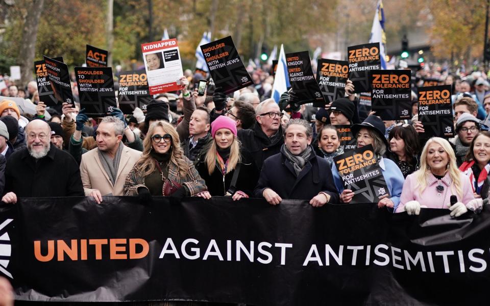 Chief Rabbi Mirvis, Eddie Marsan, Tracey-Ann Oberman, Rachel Riley, Maureen Lipman (second from right) and Vanessa Feltz (right) take part in a march against antisemitism organised by the volunteer-led charity Campaign Against Antisemitism at the Royal Courts of Justice in London