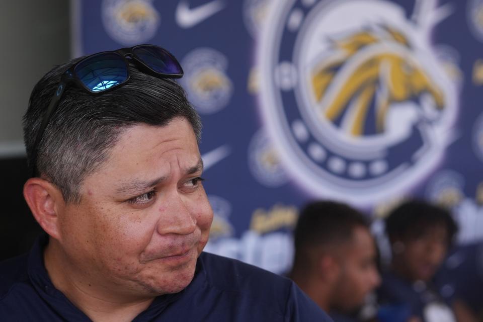 Perry Head Coach Joseph Ortiz speaks to the press during Chandler Unified School District’s Media Day with players from Arizona College Prep., Chandler, Hamilton, Basha, Casteel and Perry High Schools at Valle Luna Mexican Restaurant on Wednesday, Aug. 3, 2022. 