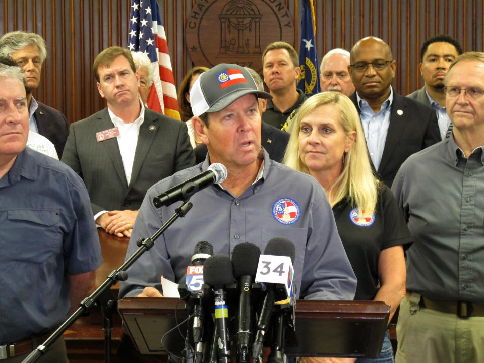 Georgia Gov. Brian Kemp discusses evacuations and emergency plans for Hurricane Dorian during a news conference Monday, Sept. 2, 2019, in Savannah, Ga. Kemp ordered a mandatory evacuation affecting all of Georgia's six coastal counties as the storm was forecast to pass close to the Atlantic coast of the southeastern U.S. (AP Photo/Russ Bynum)