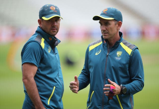 Justin Langer, right, was in the commentary box with Ricky Ponting, left, on Friday