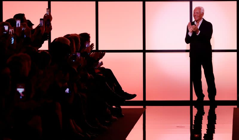 FILE PHOTO: Italian designer Giorgio Armani appears at the end of his Haute Couture Spring/Summer 2017 fashion show for Giorgio Armani Prive in Paris