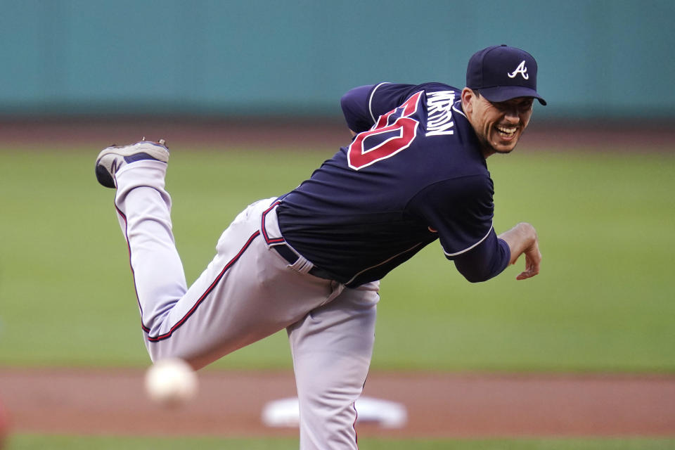 Atlanta Braves starting pitcher Charlie Morton delivers during the first inning of the team's baseball game against the Boston Red Sox at Fenway Park, Tuesday, May 25, 2021, in Boston. (AP Photo/Charles Krupa)