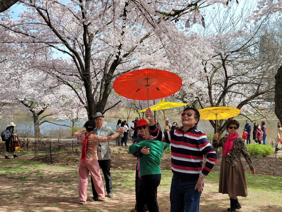 A man in a striped shirt holds a red parasol up and smiles while looking up into the distance, and two sets of dance partners holding yellow parasols dance together behind him.