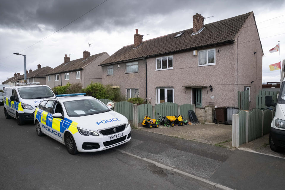 Police and forensics at a house in Barnsley, March 30 2020. A man has been arrested on suspicion of murder after police were called to an address in Barnsley yesterday,.  See SWNS story SWLEmurder. A man has been arrested on suspicion of murder after a woman in her 30s was found stabbed to death at a house in a quiet village. South Yorkshire Police say officers were called to an address in Middlecliffe at 5pm yesterday (Sun) over "concerns for someone's safety".  When they arrived the victim, aged 31, was found with stab wounds. An air ambulance was spotted landing in a nearby field and paramedics rushed to the property but the injured woman was pronounced dead at the scene.  A 40-year-old man has been arrested on suspicion of murder and remains in police custody this morning.  The victim has been named locally as NHS worker and mum-of-three Victoria Charlotte Woodhall.  A friend of her family confirmed Mrs Woodhall was working as an Operating Department Practitioner for the NHS. 