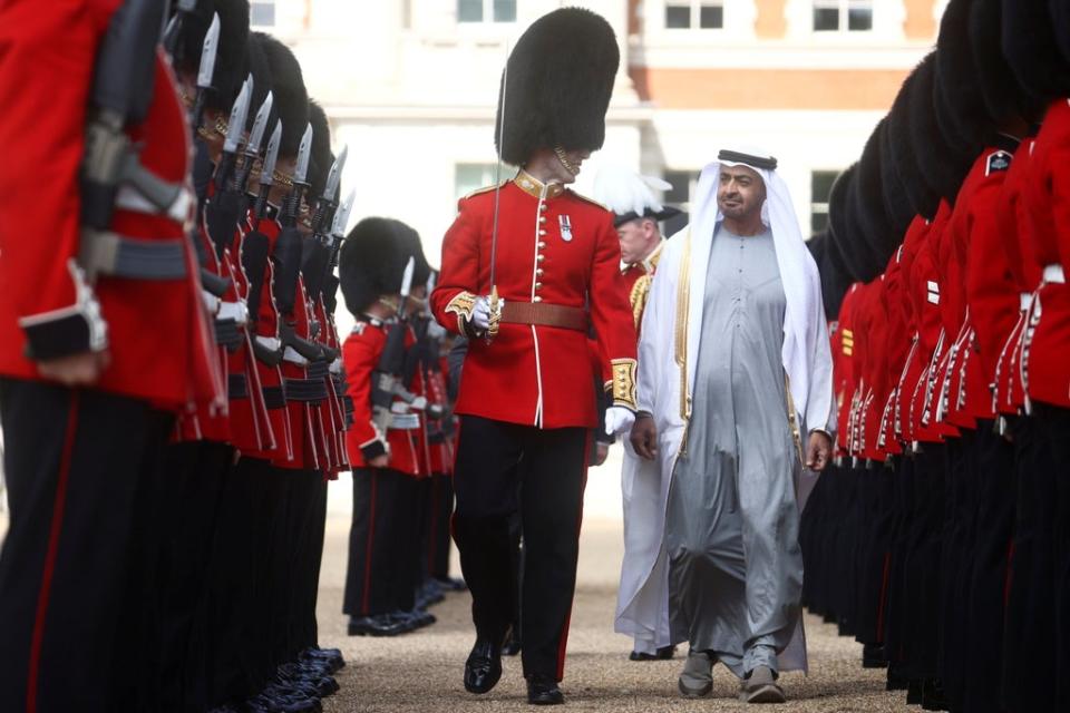 Sheikh Mohammed bin Zayed Al Nahyan, Crown Prince of the Emirate of Abu Dhabi, inspects a Guard of Honour in central London (Hannah McKay/PA) (PA Wire)