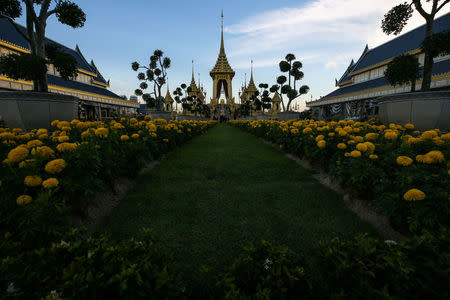 The Royal Crematorium site for the late King Bhumibol Adulyadej is seen near the Grand Palace in Bangkok, Thailand October 20, 2017. Picture taken October 20, 2017. REUTERS/Athit Perawongmetha