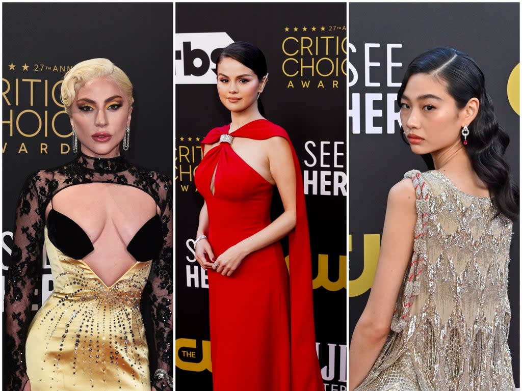 Lady Gaga in Gucci, Selena Gomez and HoYeon Jung in Louis Vuitton (Shutterstock/Gucci)