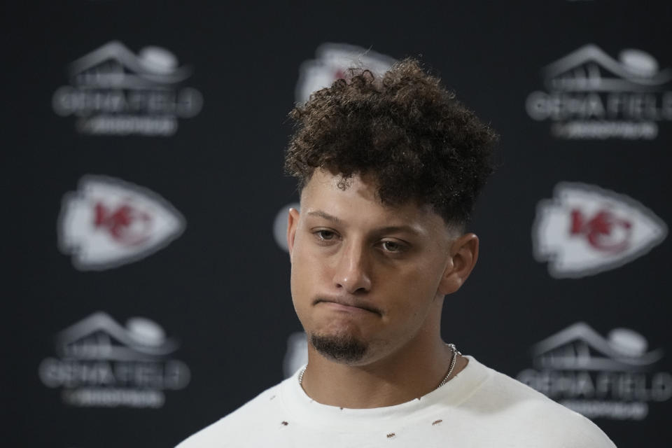 Kansas City Chiefs quarterback Patrick Mahomes wasn't happy after the Lions beat the Chiefs 21-20 in Week 1. (AP Photo/Charlie Riedel)