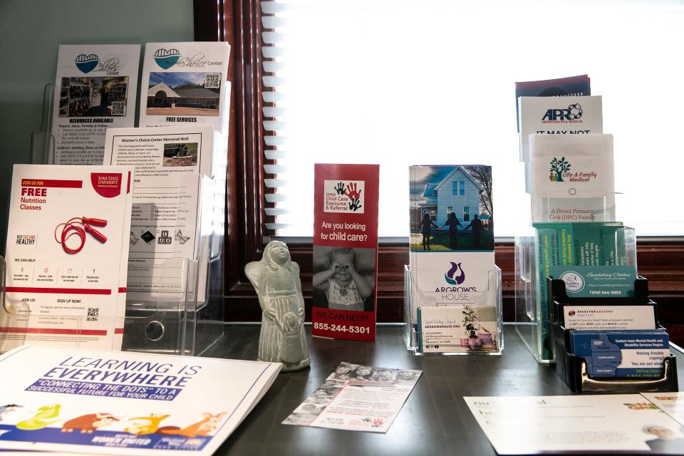 Informational pamphlets are seen in the lobby at the Women's Choice Center, Wednesday, Feb. 8, 2023, in Bettendorf, Iowa.