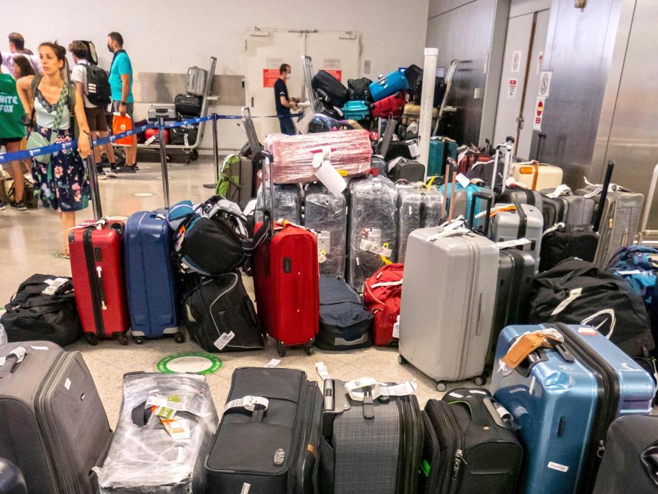 Suitcases and bags which arrived with delay via other flight or uncollected are spotted in a specific area at the baggage belt area after the arrivals of Athens International Airport ATH. Lost and found office faced increased demand of requests specially with connecting - transfer passengers flights in Europe where the luggage workers as others in the aviation sector face staff shortages. The lost luggage cases are also higher than normal. Many European and UK airports cancel flights and have long delays, creating a travel chaos for the aviation industry after the high demand in summer 2022 a season without the Covid-19 Coronavirus pandemic safety measures and travel restrictions. Athens, Greece on August 2022